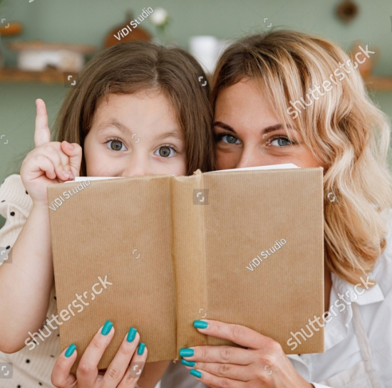 Stock Photo Chef Cook Baker Mom Woman In White Shirt Work Baby Girl Helper Read Cookbook Point Finger Up Hide 2062619165 1